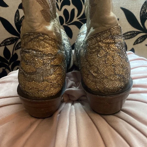 🎀 Gorgeous Glitter | Lace Cowboy Boots | Leather Size 6.5 EUC Embroidered - Picture 4 of 5